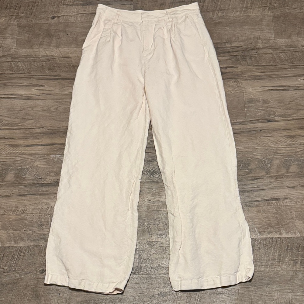 PAIGE Light Tan Linen Blend Wide Leg Trousers - Size 6